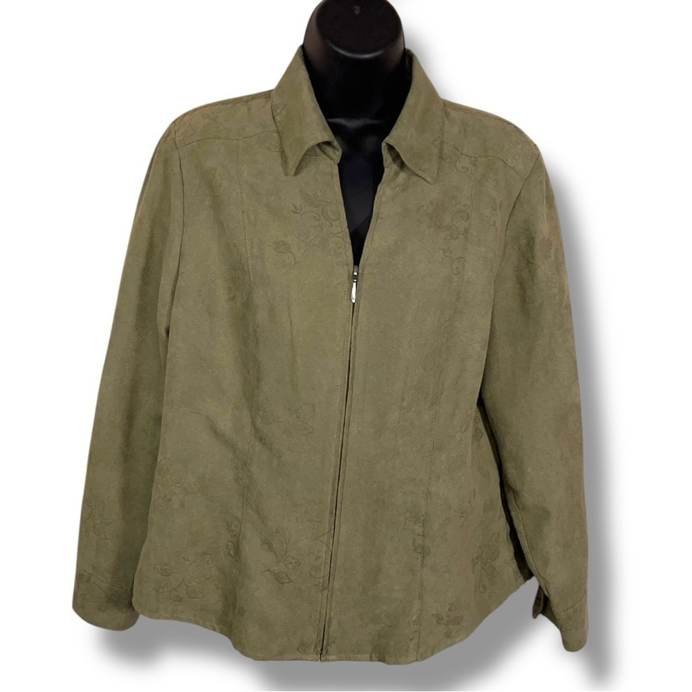 Petite Medium Croft And Barrow Green Blazer Jacket Floral Print Zip Closure